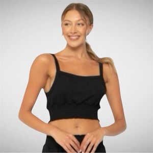 Mono B Black Ribbed Smocked Crop Tank Top Women’s Large Athleisure Yoga